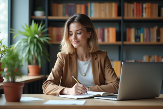 Femme en tenue casual écrivant dans un carnet au bureau
