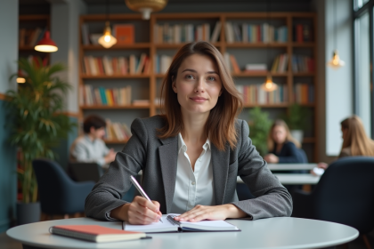 Jeune femme en coworking prenant des notes dans un espace moderne