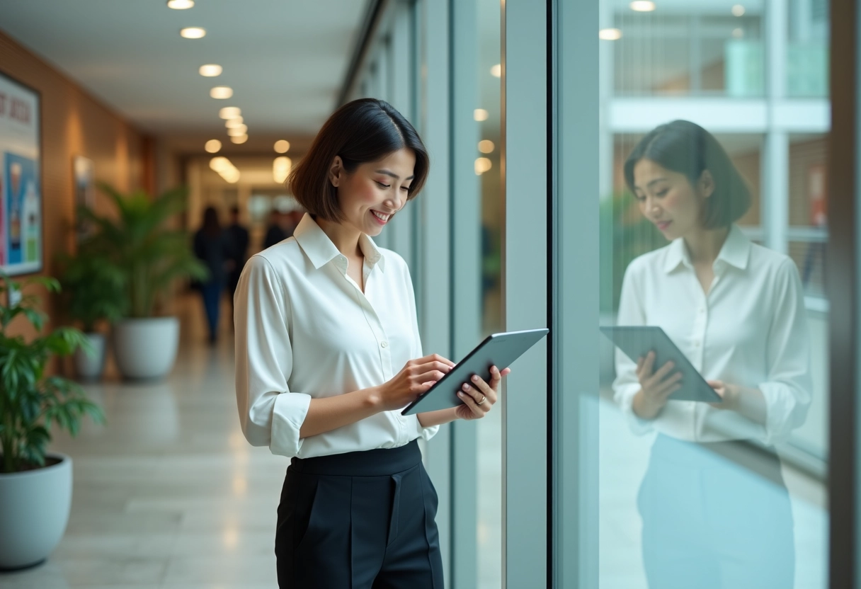 Femme utilisant une tablette dans un couloir universitaire