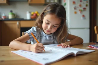 Jeune fille de 7 ans en cuisine concentrée sur un cahier d'exercices