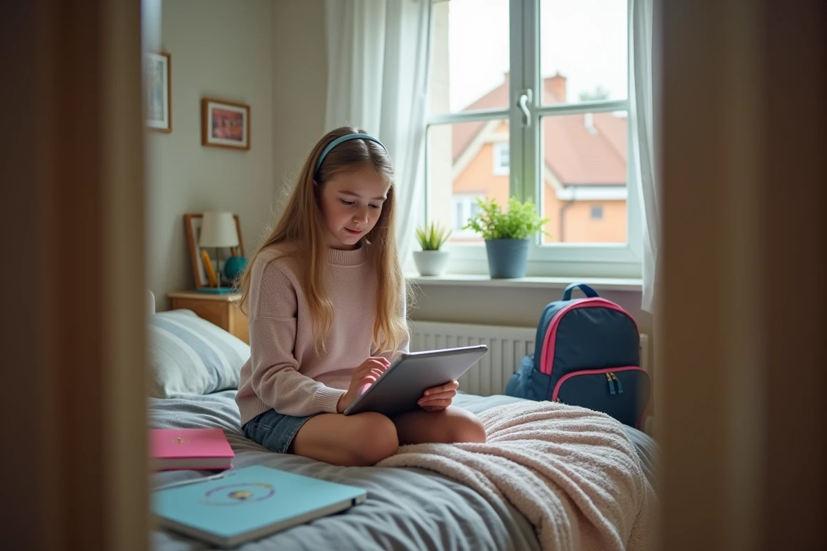 Fille au lit vérifiant son emploi du temps sur une tablette