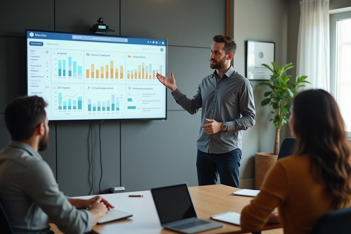Formateur présentant des modules de formation sur écran interactif devant un groupe d'apprenants adultes