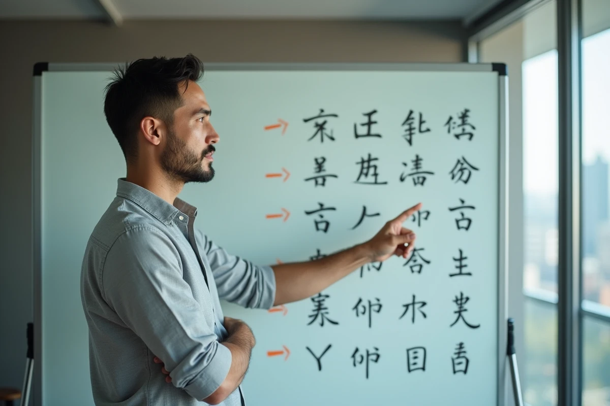 Formateur en langues présentant les différences entre les caractères japonais et chinois sur un tableau de verre