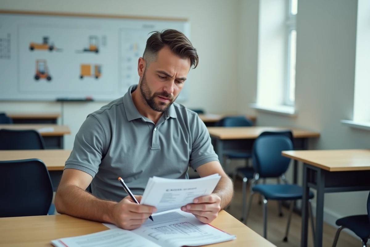 Homme en formation CACES dans un centre de formation logistique étudiant un manuel de certification