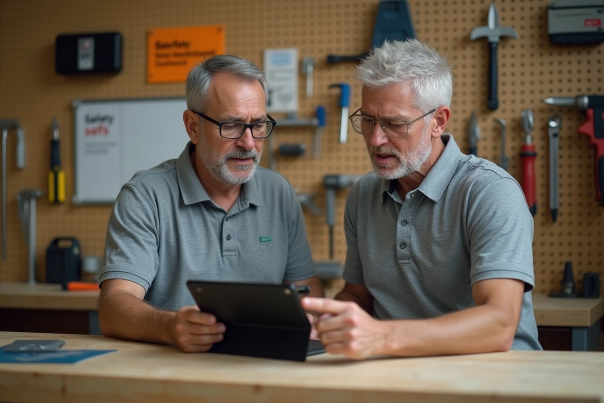 Deux professionnels du bâtiment suivant une formation CPF bricolage certifiante sur tablette dans un espace de formation