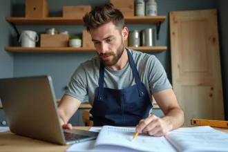 Homme en tablier de travail consultant une formation CPF en ligne pour ses projets de rénovation à domicile