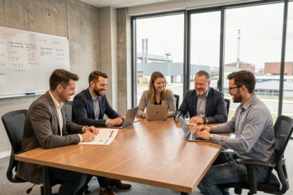 Groupe de professionnels adultes en formation dans une salle moderne du Pas-de-Calais, autour d'une table avec des documents et des ordinateurs portables