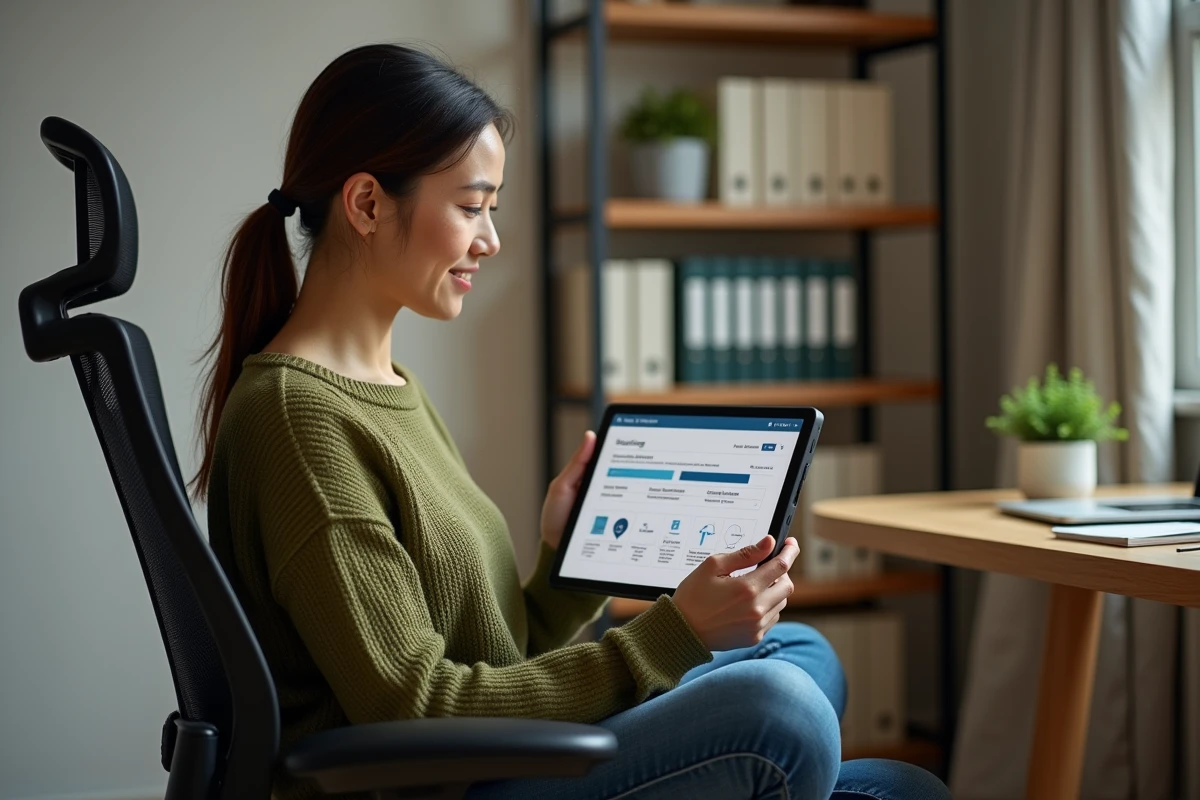 Formatrice consultant une interface de création de cours sur tablette depuis son bureau à domicile