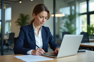 Formatrice professionnelle utilisant une plateforme e-learning Mischool sur ordinateur portable dans un bureau moderne