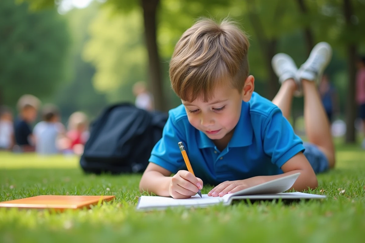 Garçon de 7 ans écrivant dans un cahier au parc en été