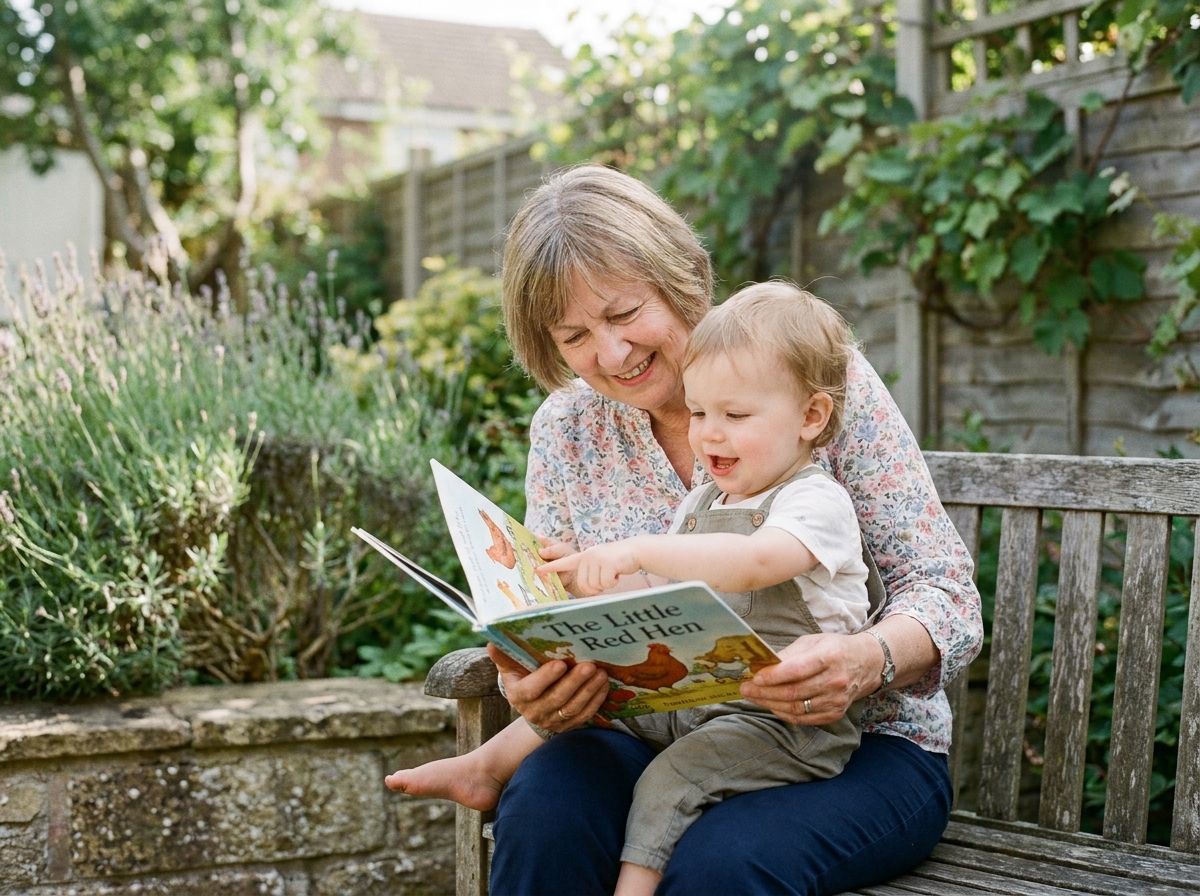 Grand-mère lisant un livre illustré à son petit-enfant dans un jardin, moment d'éveil et de partage intergénérationnel