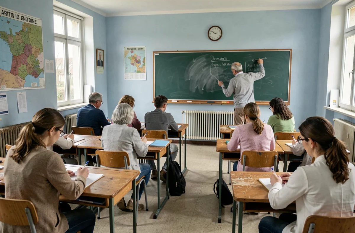 Salle de classe du GRETA Artois avec des adultes en formation continue écrivant dans des cahiers face à un enseignant au tableau