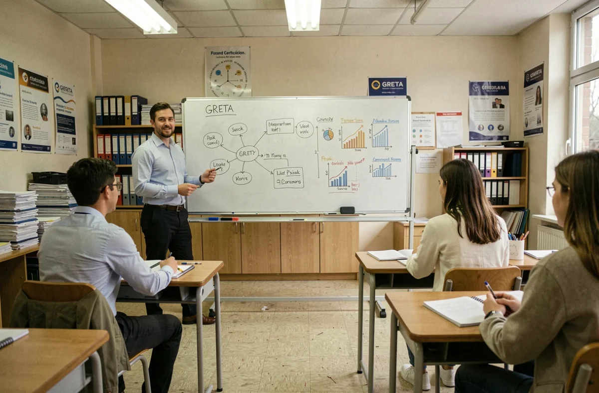 Formateur et apprentis en cours dans une salle de classe du GRETA-CFA Marseille Méditerranée