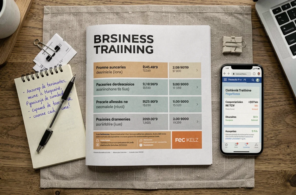 Vue aérienne d'un bureau avec magazine de formation business ouvert sur les grilles tarifaires et notes manuscrites comparant les abonnements