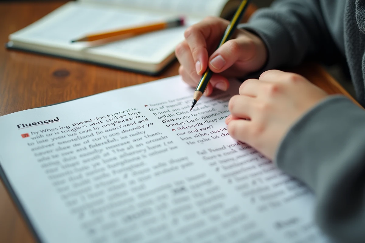 Gros plan sur un texte Fluence imprimé annoté par un collégien en séance de lecture accompagnée