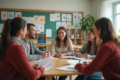 Parents assis dans une classe chaleureuse avec un enseignant