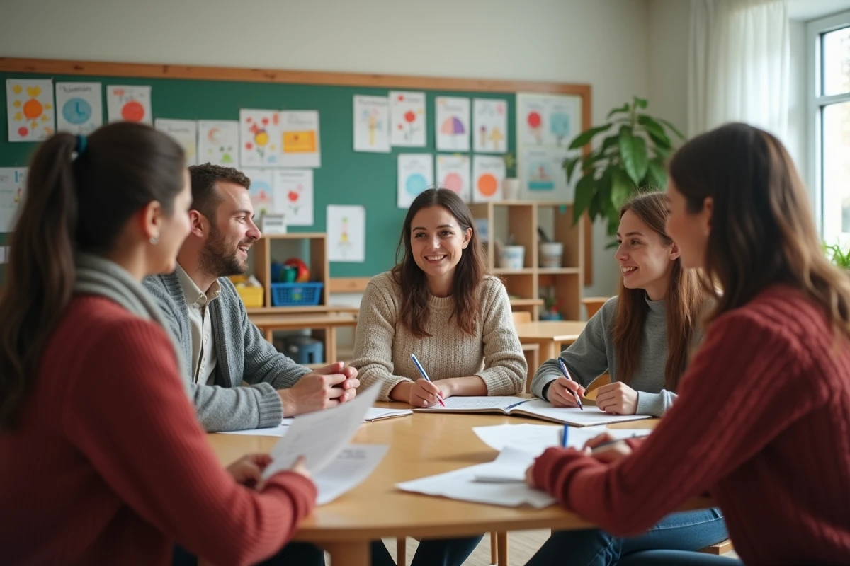 Parents assis dans une classe chaleureuse avec un enseignant