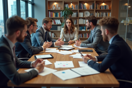Groupe de professionnels en réunion dans une salle moderne