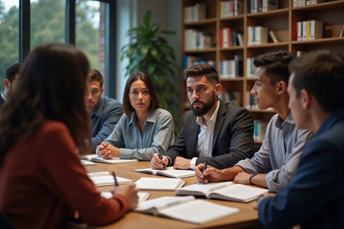 Groupe diversifié en discussion série dans une bibliothèque moderne