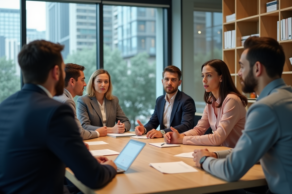 Groupe de professionnels en réunion dans un bureau moderne