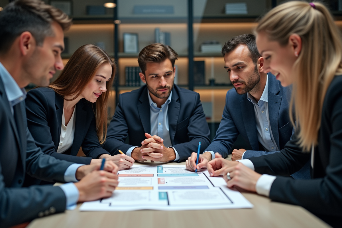 Groupe de professionnels autour d'un diagramme marketing mix