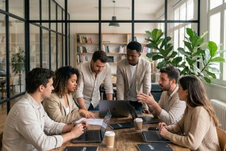 Groupe de jeunes adultes en coworking collaborant