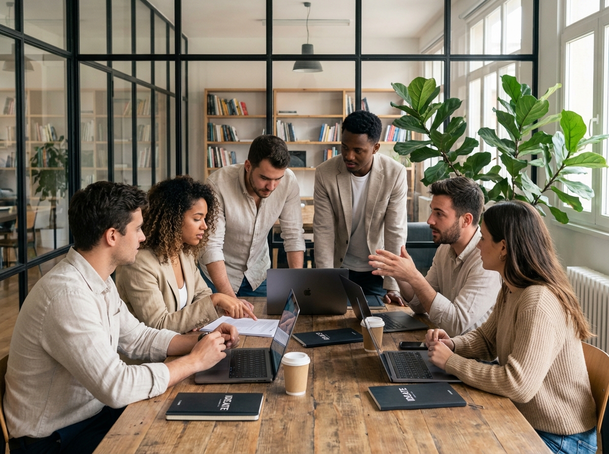 Groupe de jeunes adultes en coworking collaborant