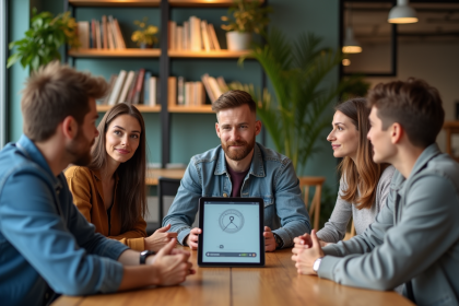 Groupe diversifié en réunion dans un espace moderne