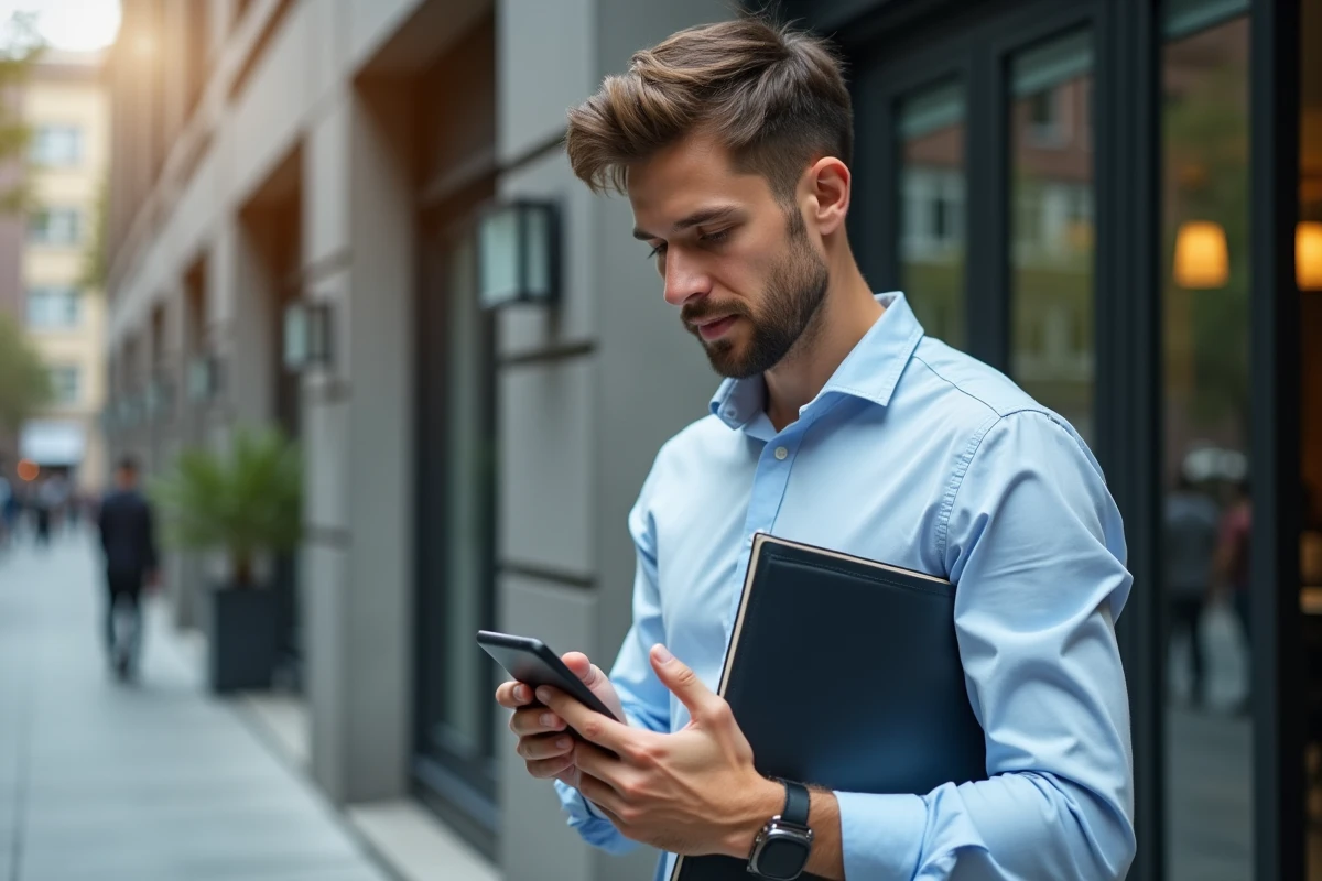 Homme d affaires regardant son smartphone devant un immeuble