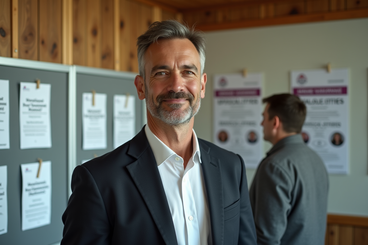 Homme devant un tableau d affiches dans un centre d emploi