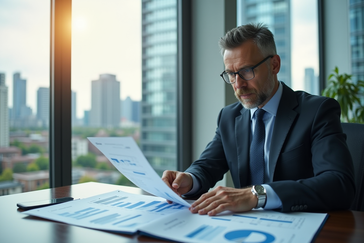 Homme concentré analysant des documents financiers au bureau