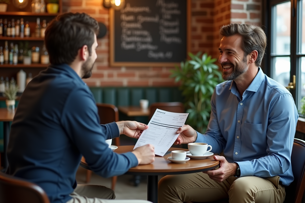 Homme au café remettant une facture à un client souriant