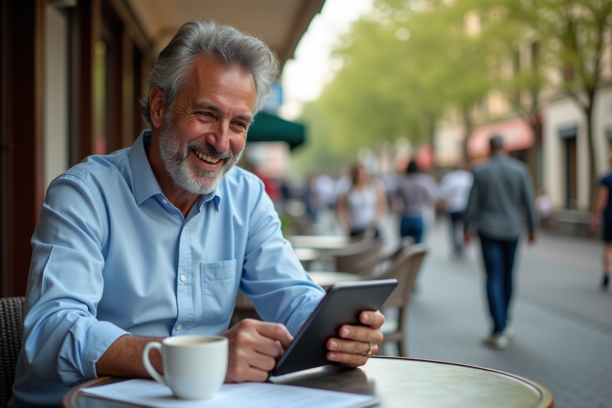 Homme lisant un livre en terrasse de café en extérieur