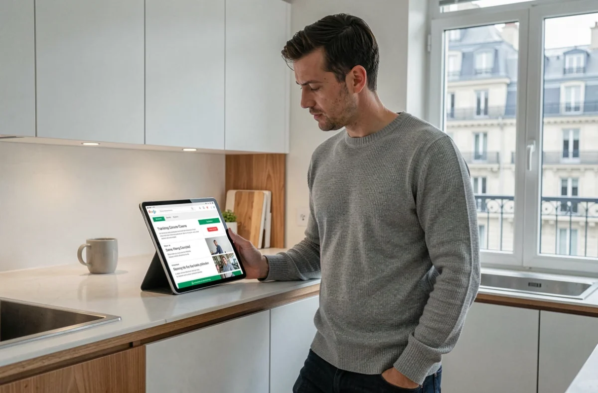 Homme consultant un comparatif de formations digitales sur tablette depuis son appartement à Paris