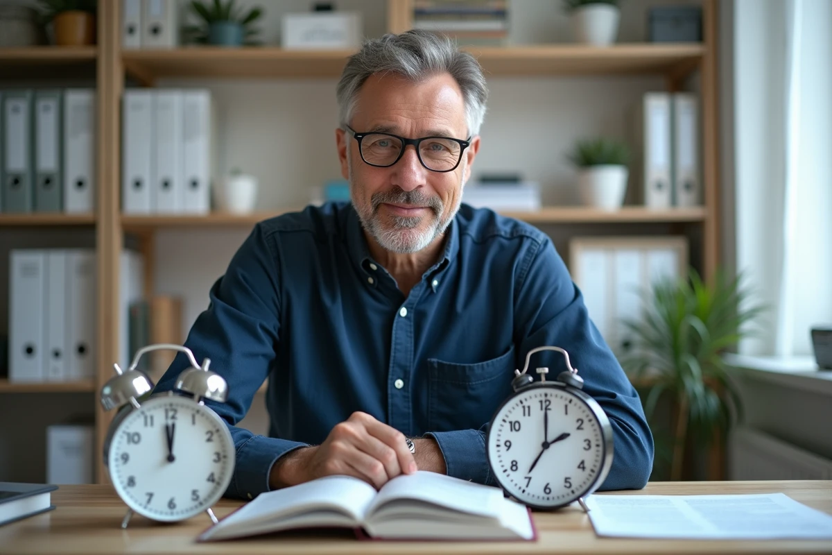 Homme comparant deux horloges AM et PM sur un bureau avec un guide de conversation français-anglais