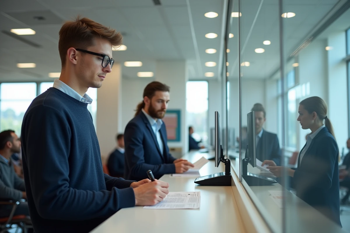 Homme remettant un dossier signé au guichet municipal