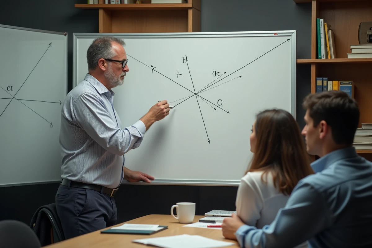 Professeur dessinant des vecteurs perpendiculaires en classe