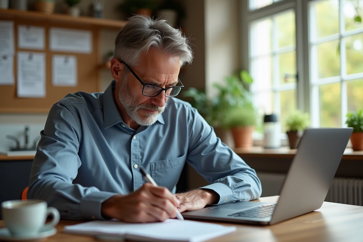 Homme étudiant et prenant des notes à la cuisine