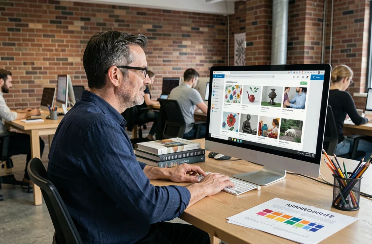 Homme adulte en reconversion suivant une formation en ligne design décoratif dans un espace de coworking moderne