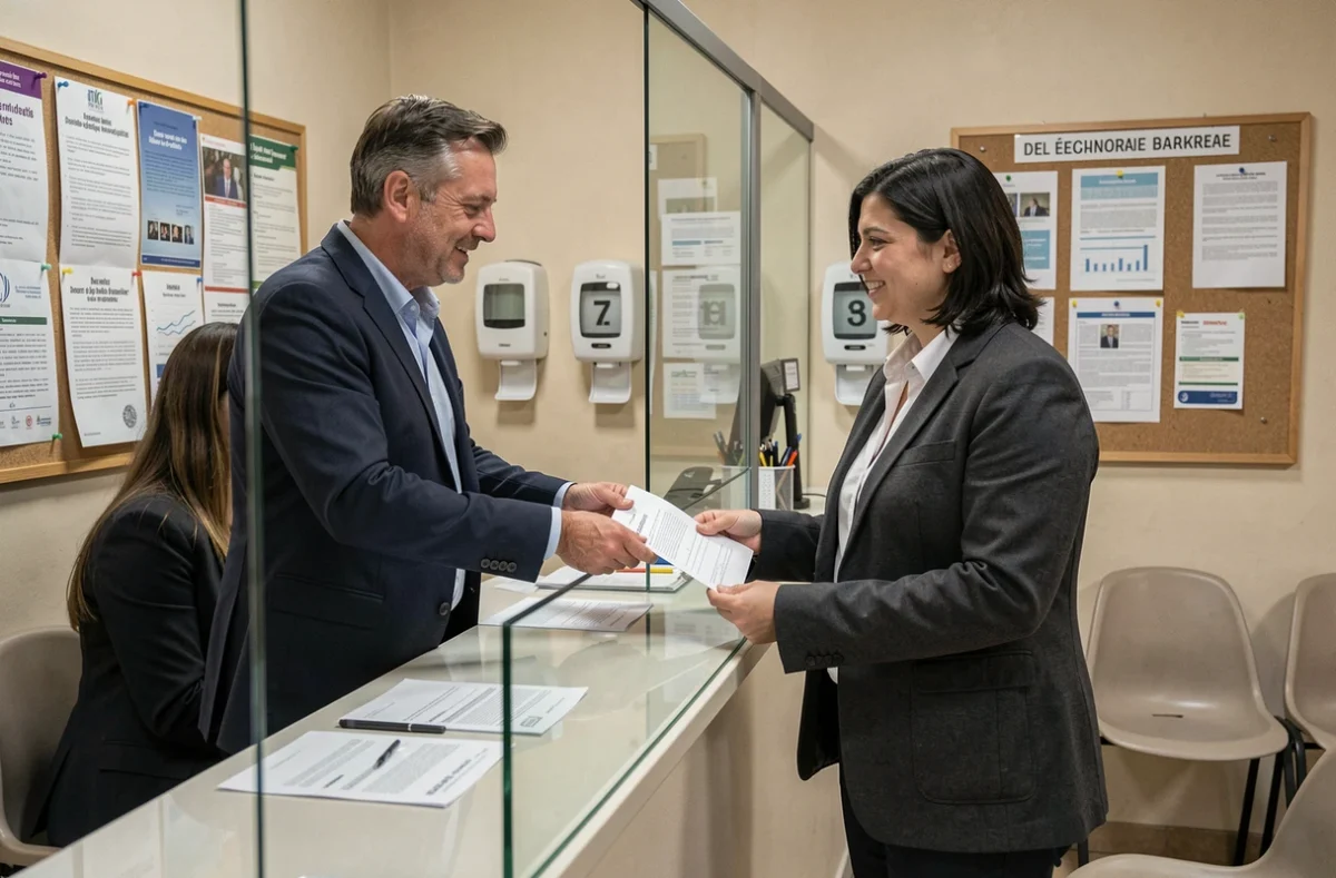 Homme déposant des documents à un guichet administratif pour une inscription officielle en 2026