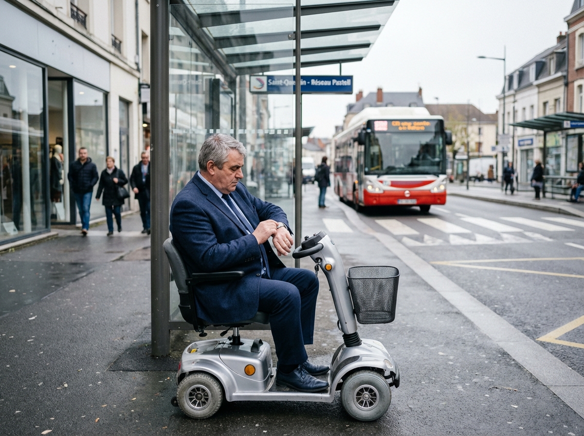 Homme d affaires utilisant un scooter dans une rue de SaintQuentin
