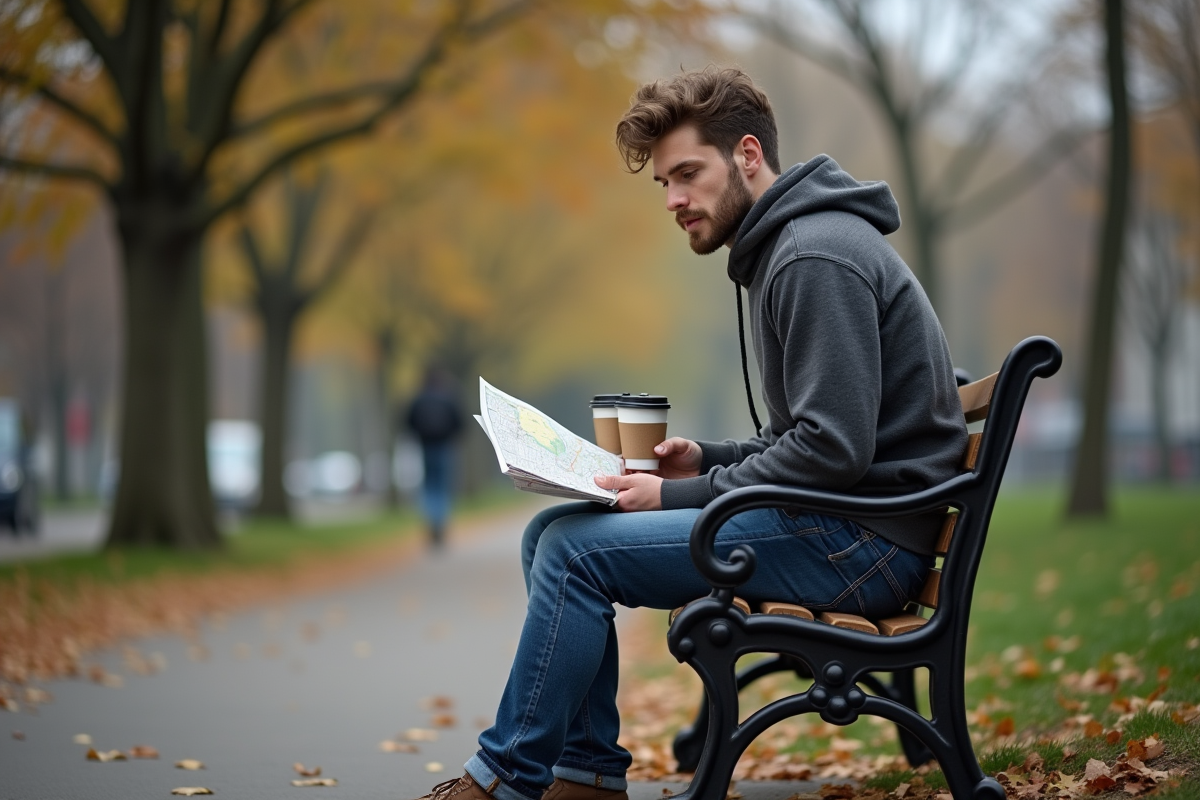 Jeune homme assis dans un parc avec café et carte