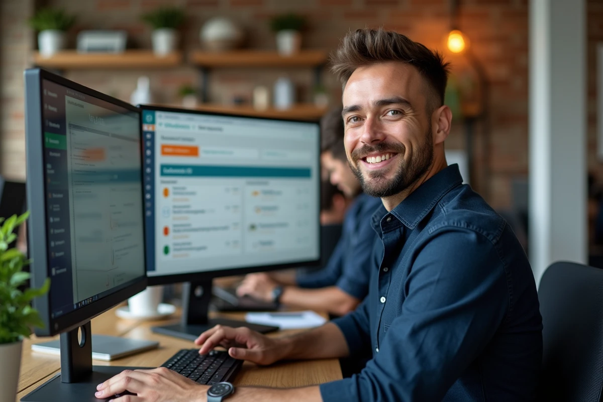 Homme consultant ses cours sur une plateforme e-learning Moodle dans un espace de coworking moderne