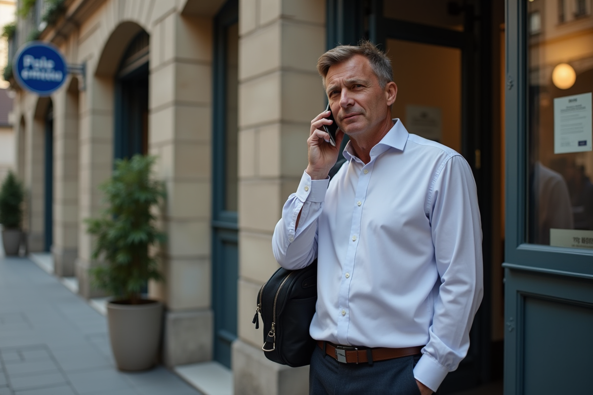 Homme au téléphone devant un bâtiment Pole emploi