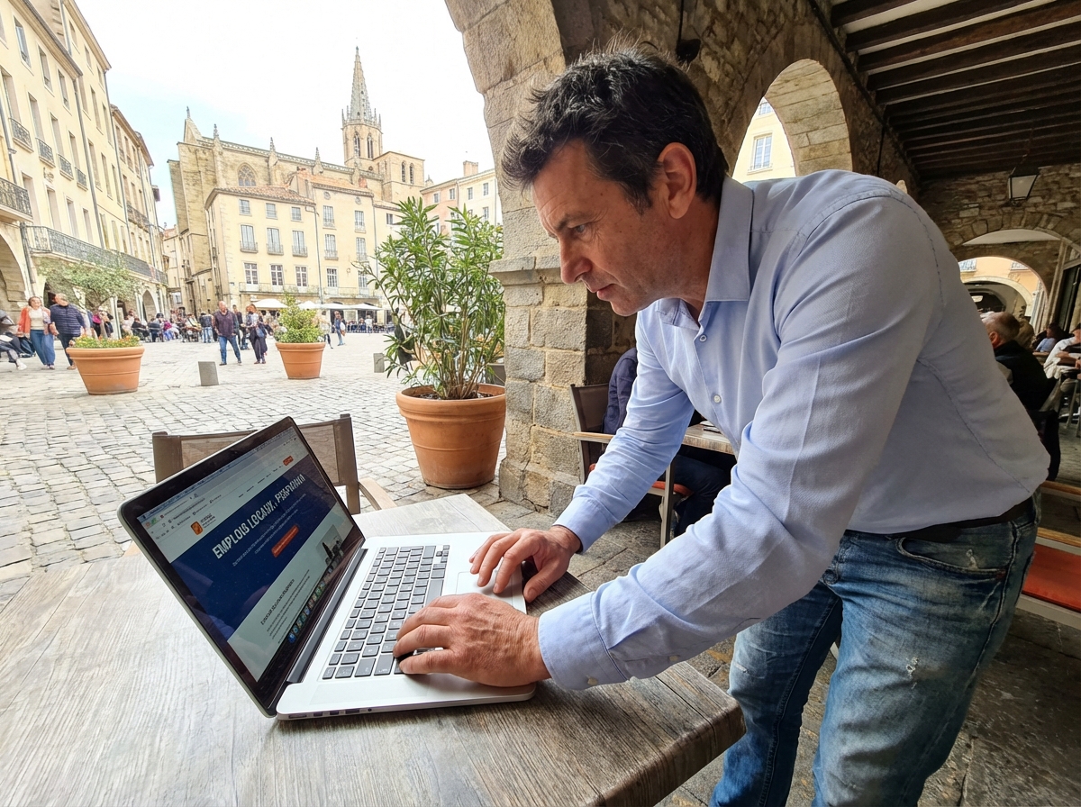 Homme recherchant des offres d emploi sur son ordinateur au café