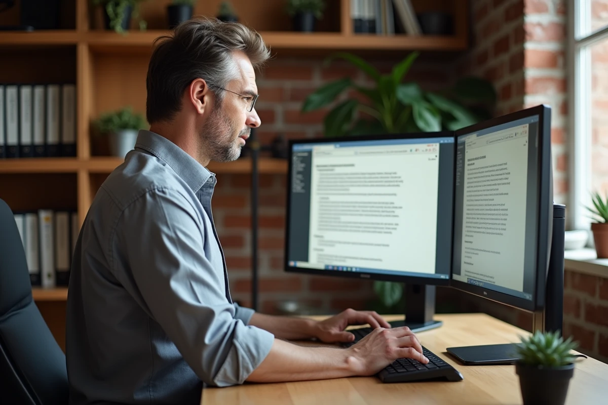 Homme en télétravail rédigeant un email professionnel en espagnol au futur sur deux écrans dans un bureau à domicile