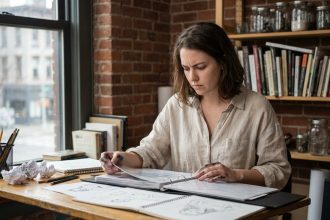 Jeune illustratrice en train d'examiner son portfolio de dessin dans un atelier artistique à domicile, entourée de carnets de croquis et de matériel d'art