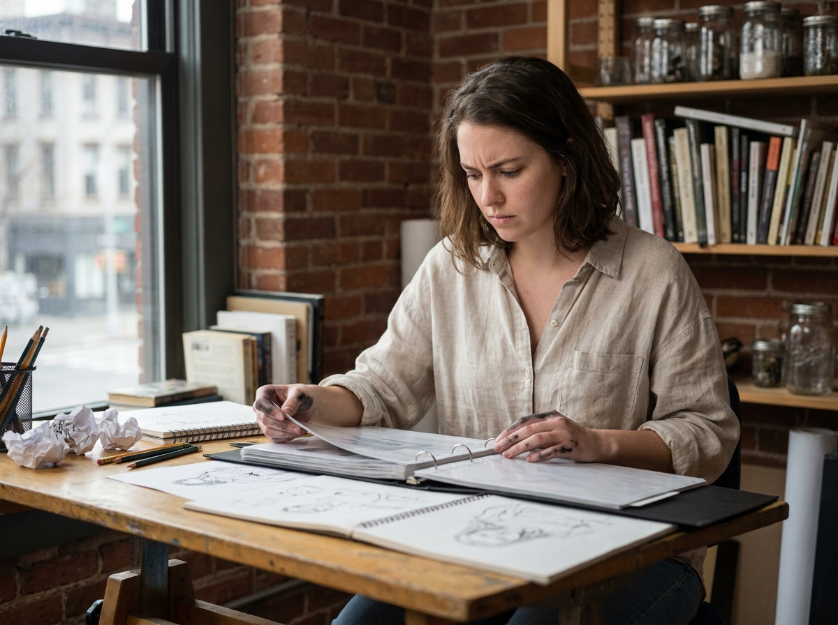 Jeune illustratrice en train d'examiner son portfolio de dessin dans un atelier artistique à domicile, entourée de carnets de croquis et de matériel d'art