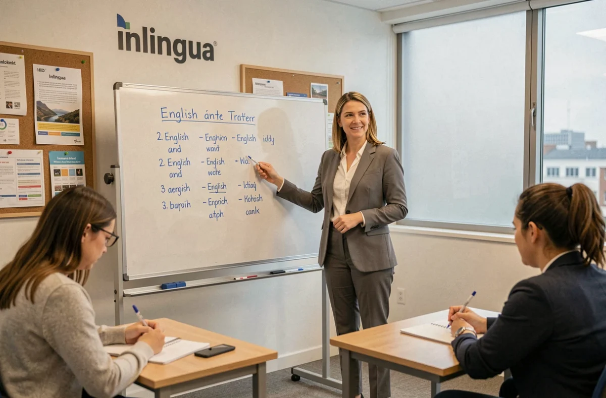 Formatrice Inlingua animant un cours d'anglais professionnel devant des adultes dans une salle moderne