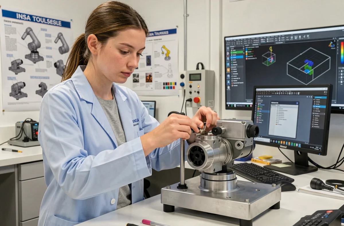 Étudiante en blouse dans un laboratoire de robotique de l'INSA Toulouse ajustant un prototype mécanique